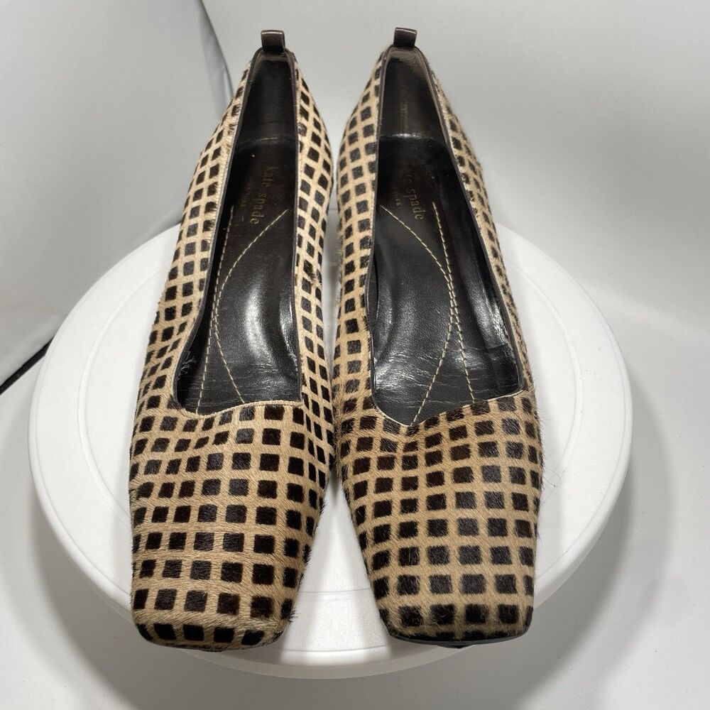 KATE SPADE Made in Italy Checkerboard Calf Hair Square Toe Block Heels 8.5B - Picture 2 of 9